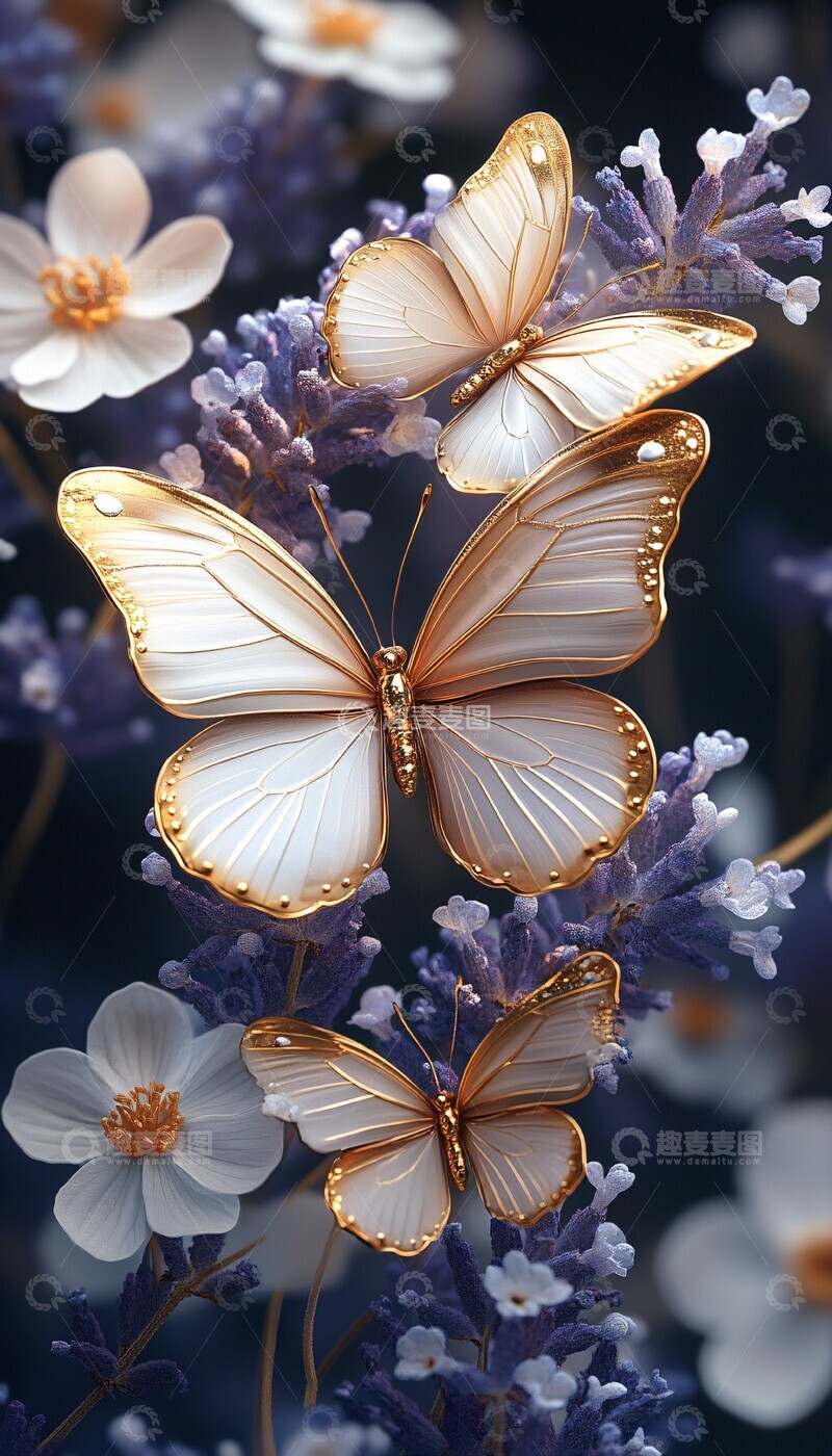 高清大图下载【趣麦麦图】金蝶白紫花墙纸