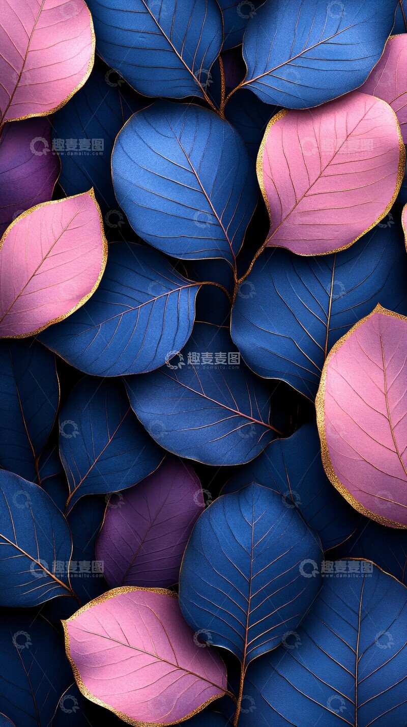 高清大图下载【趣麦麦图】粉色蓝色金边叶1