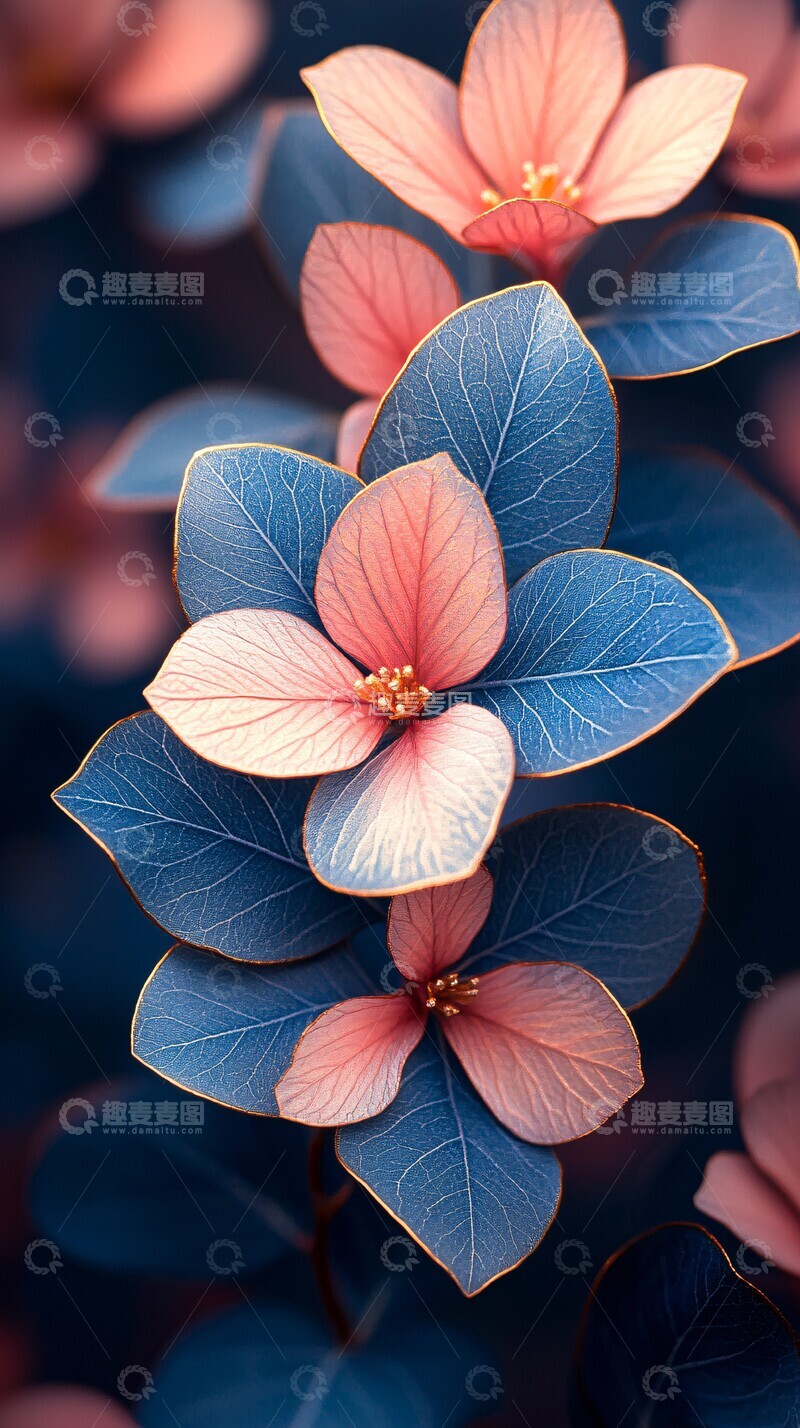 高清大图下载【趣麦麦图】粉色蓝色金边叶