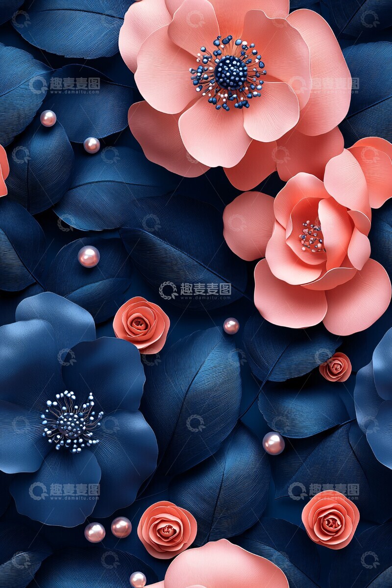 高清大图下载【趣麦麦图】粉色珊瑚花珍珠背景2