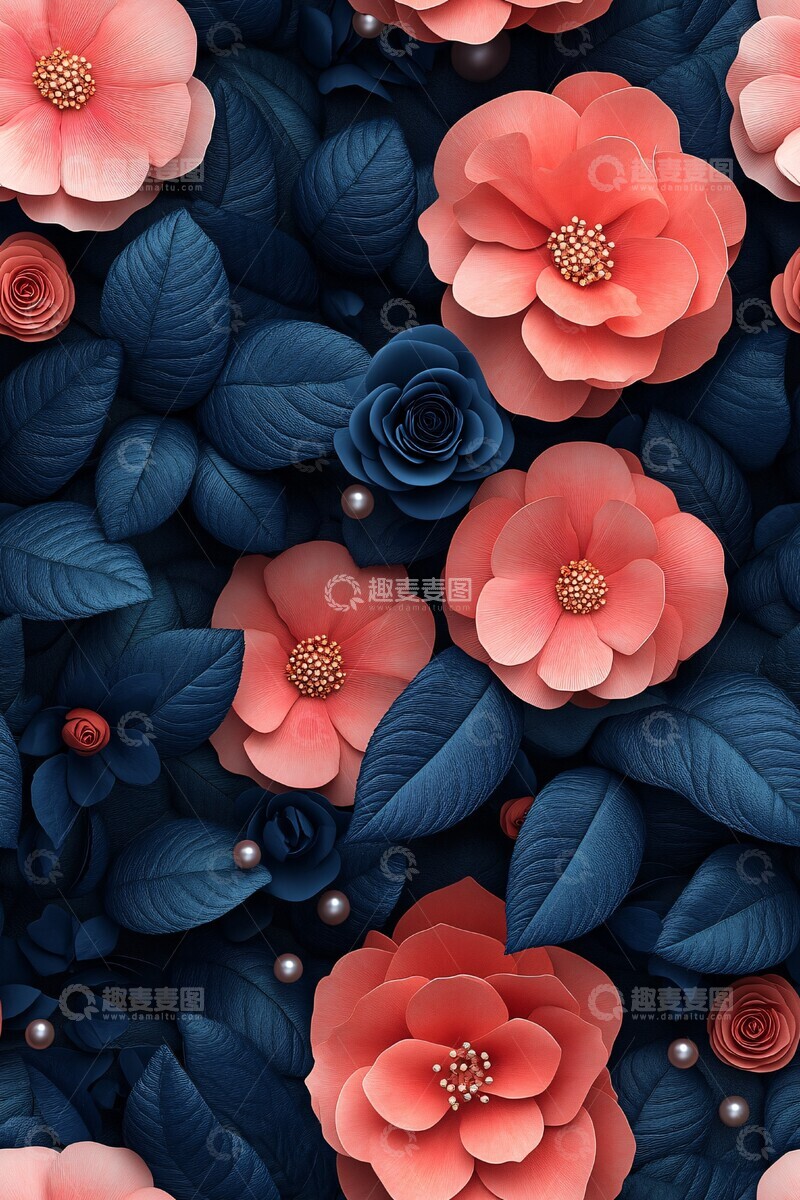 高清大图下载【趣麦麦图】粉色珊瑚花珍珠背景