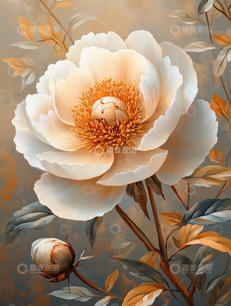 高清大图下载【趣麦麦图】白金牡丹图牡丹水彩灰色1