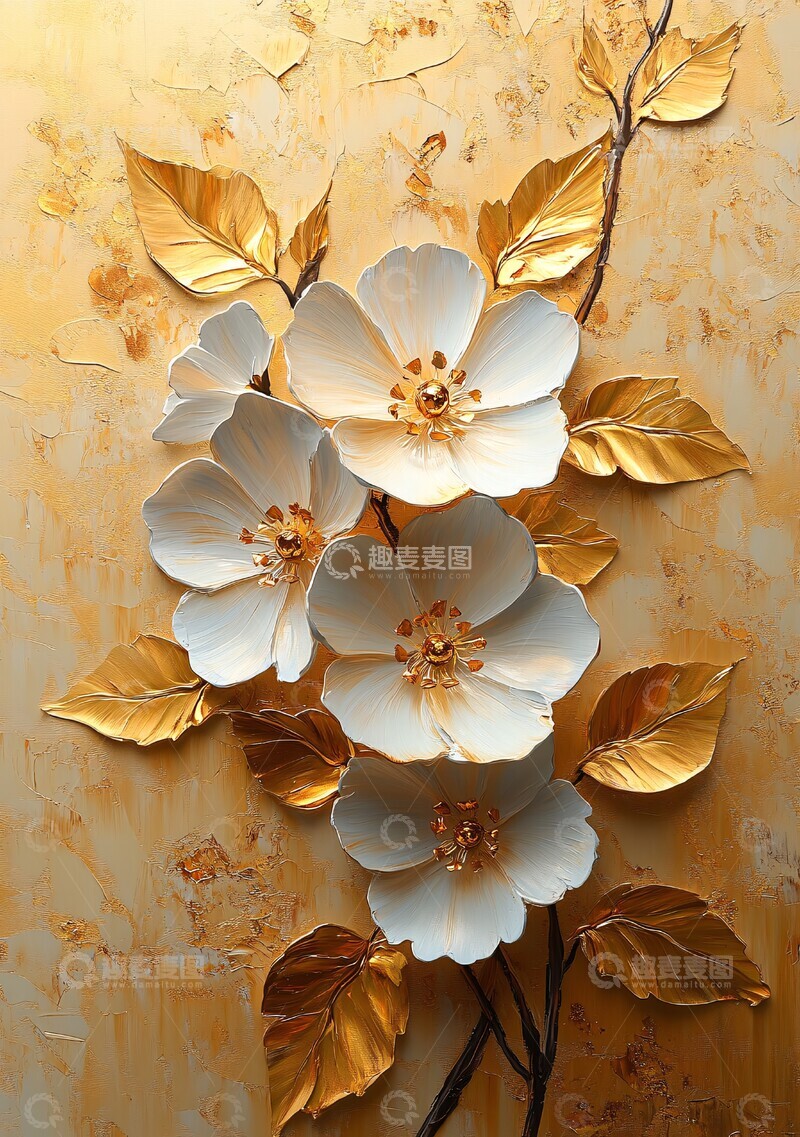 高清大图下载【趣麦麦图】白花金叶油画