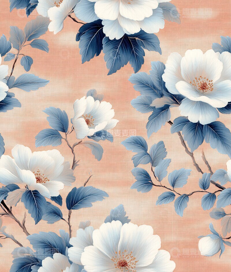高清大图下载【趣麦麦图】白蓝桃绣花纹样