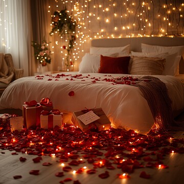 玫瑰花瓣与灯光交织