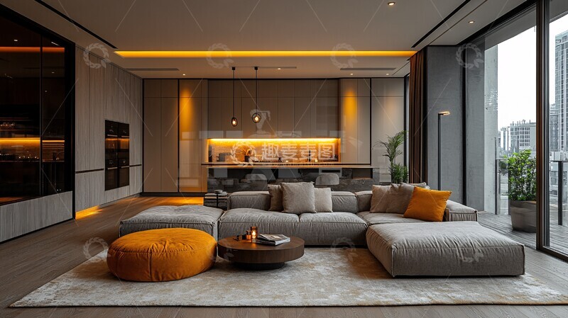高清大图下载【趣麦麦图】现代客厅厨房一体4