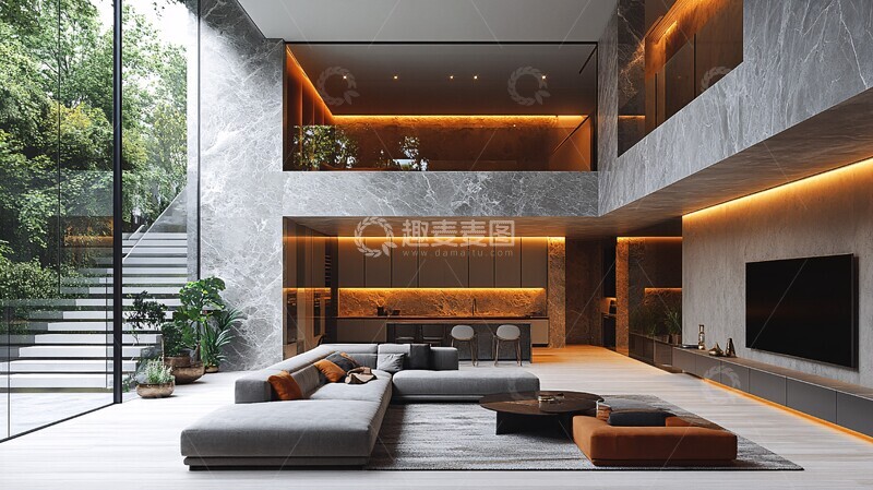 高清大图下载【趣麦麦图】灰石墙玻璃楼梯客厅3