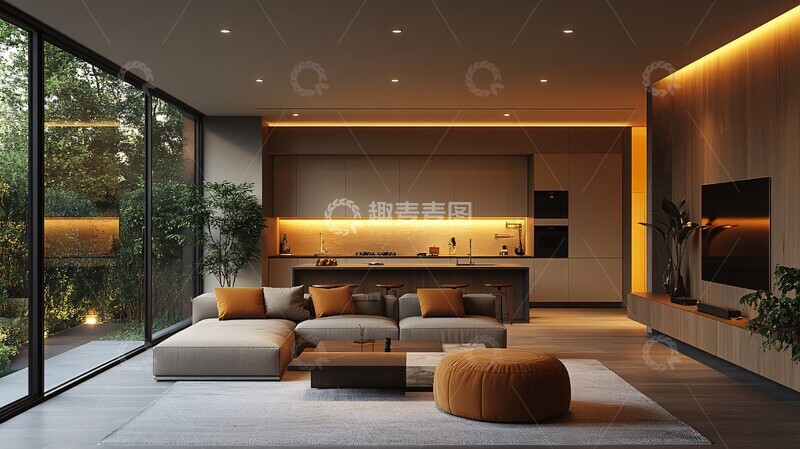 高清大图下载【趣麦麦图】现代客厅厨房一体2