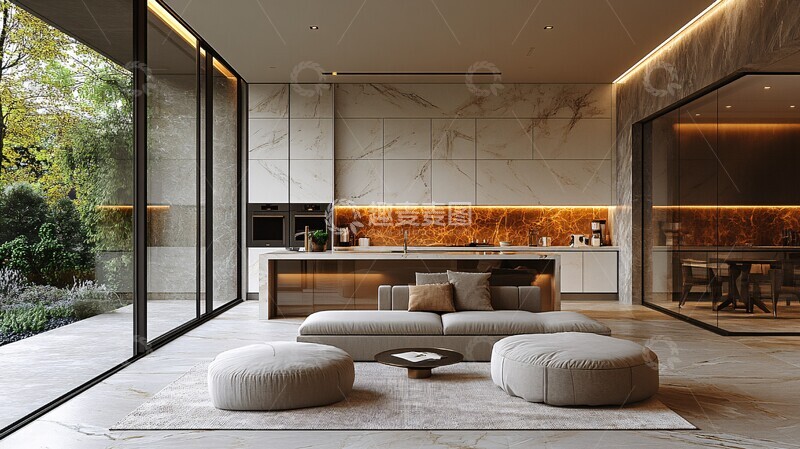 高清大图下载【趣麦麦图】现代客厅厨房一体3