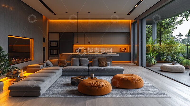 高清大图下载【趣麦麦图】现代客厅厨房一体1