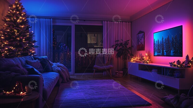 高清大图下载【趣麦麦图】圣诞客厅电视夜景1