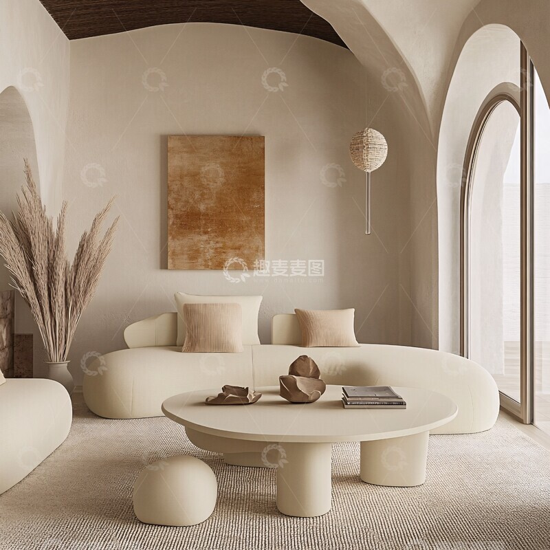高清大图下载【趣麦麦图】奶油色圆润客厅1