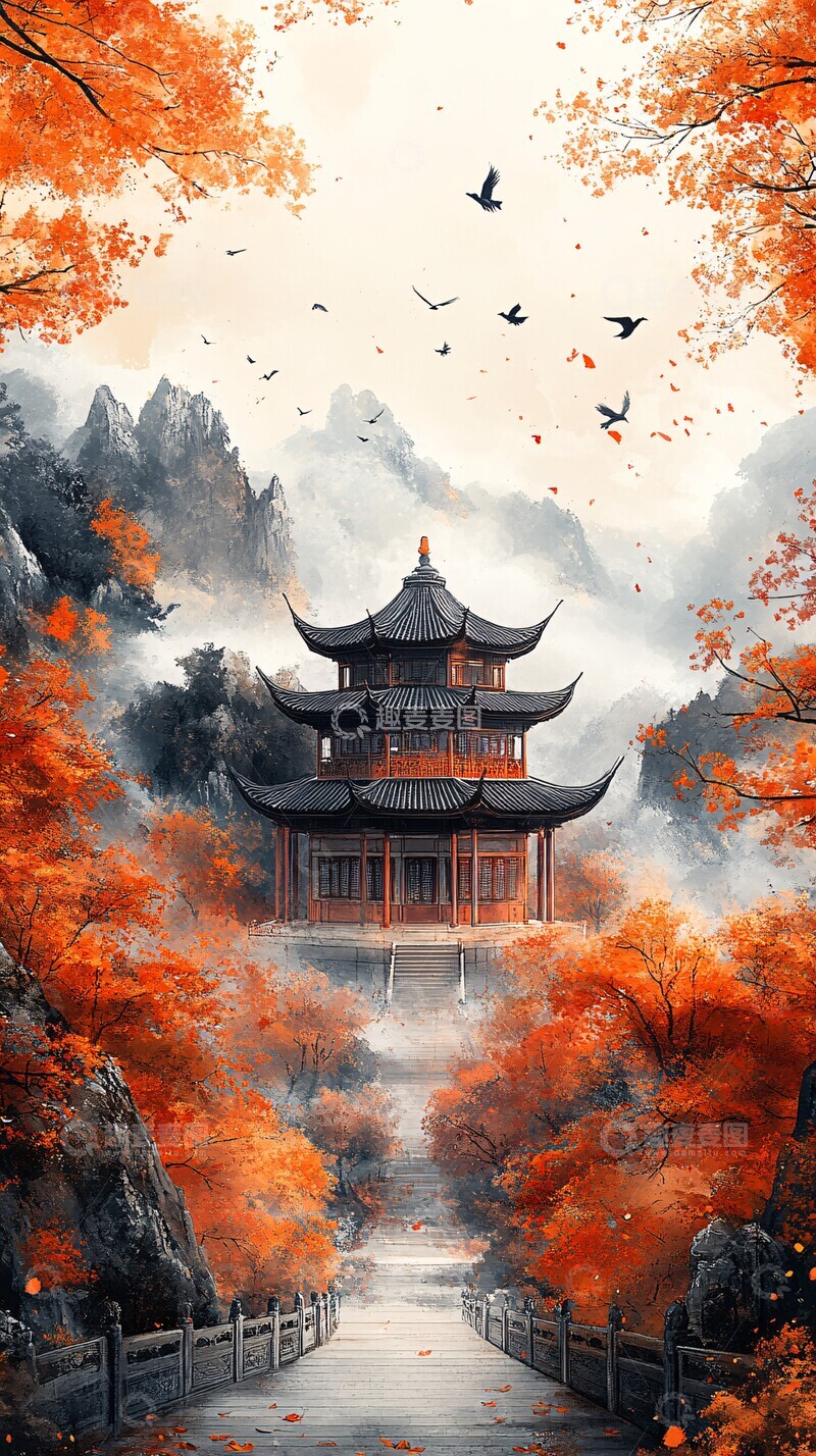 高清大图下载【趣麦麦图】橙树飞鸟中式建筑