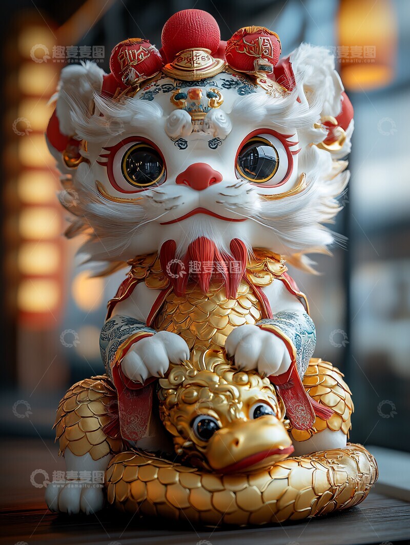 高清大图下载【趣麦麦图】龙狮帽金蛇抱金锭
