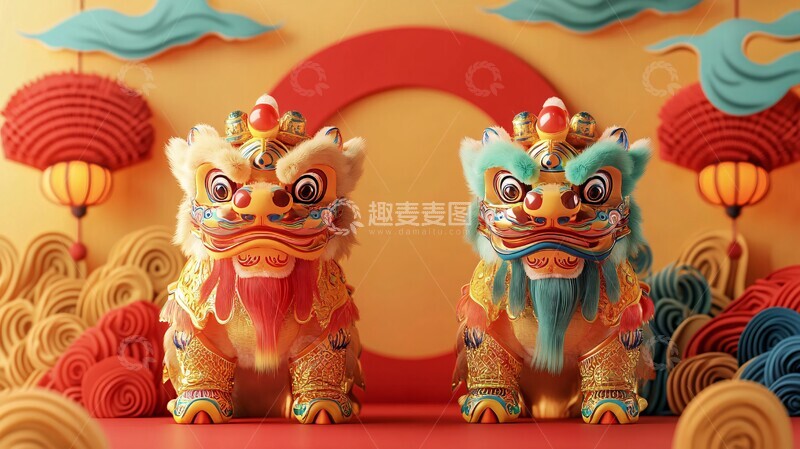 高清大图下载【趣麦麦图】两狮对舞吉祥云1