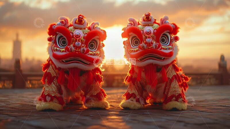 高清大图下载【趣麦麦图】两狮对舞吉祥云2