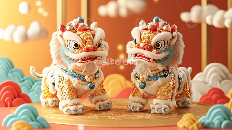 高清大图下载【趣麦麦图】两狮对舞吉祥云3