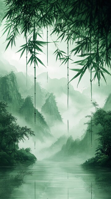 竹林雨中墨影