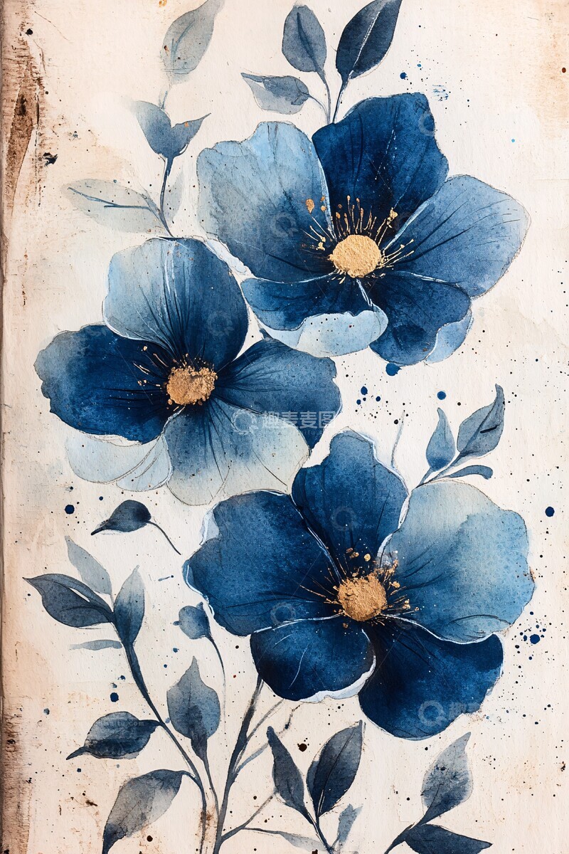 高清大图下载【趣麦麦图】蓝色花卉涂鸦