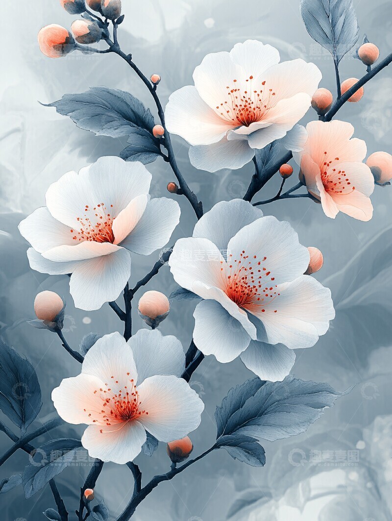 高清大图下载【趣麦麦图】白灰花卉水墨画3