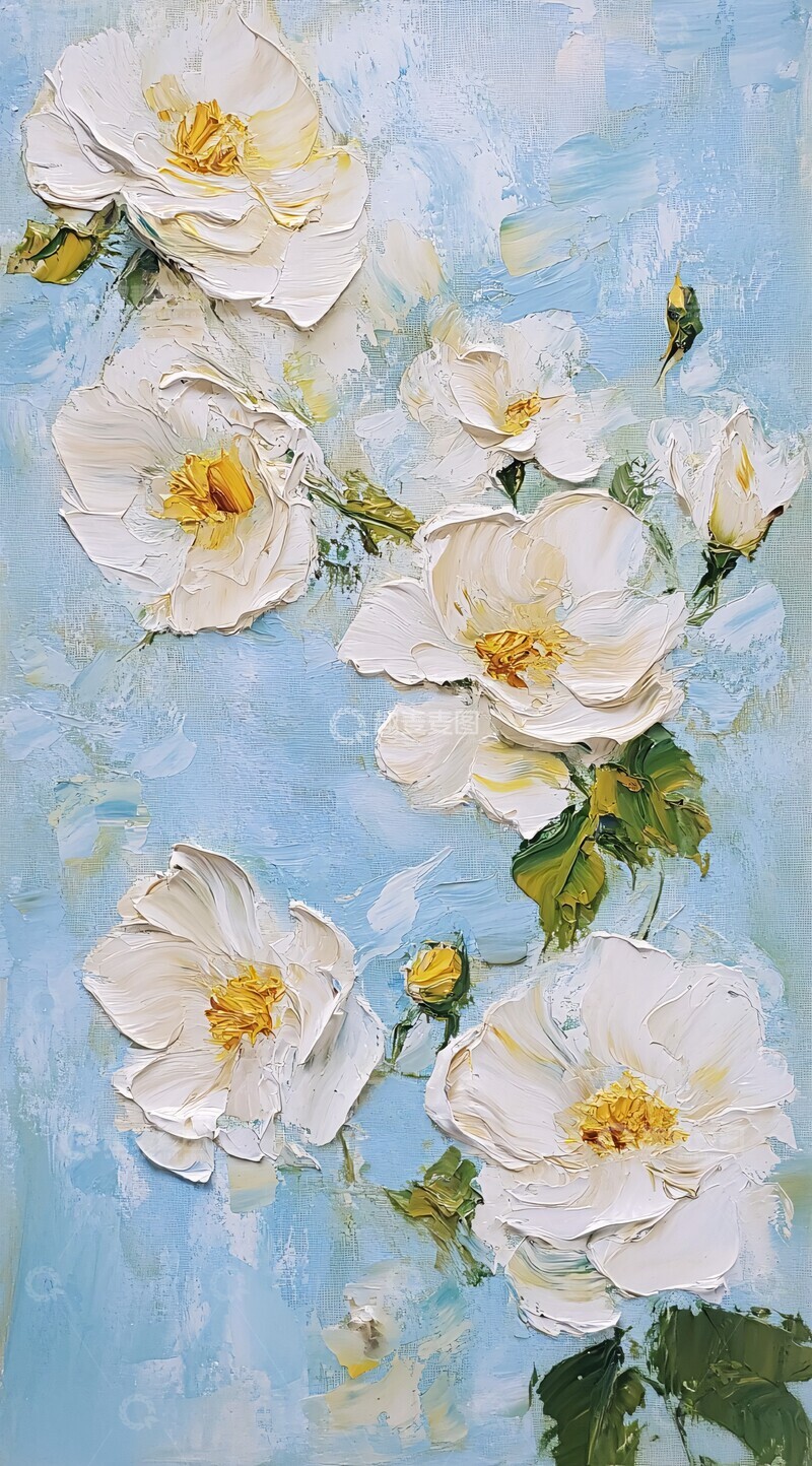 高清大图下载【趣麦麦图】白玫瑰蓝底油画2