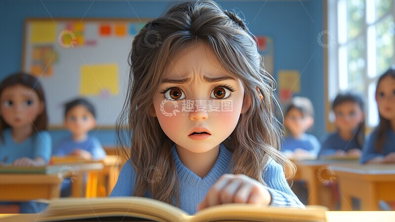 高清大图下载【趣麦麦图】女孩教室中表情沮丧