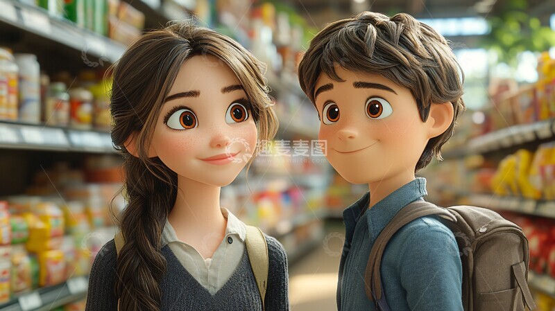 高清大图下载【趣麦麦图】女孩看男孩背景超市