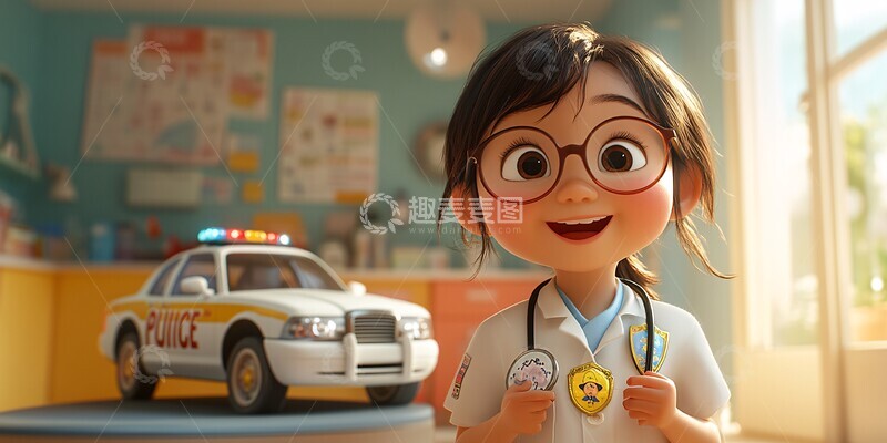 高清大图下载【趣麦麦图】医生与小女孩玩玩具车2