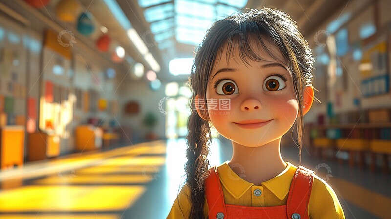 高清大图下载【趣麦麦图】小女孩学校走廊