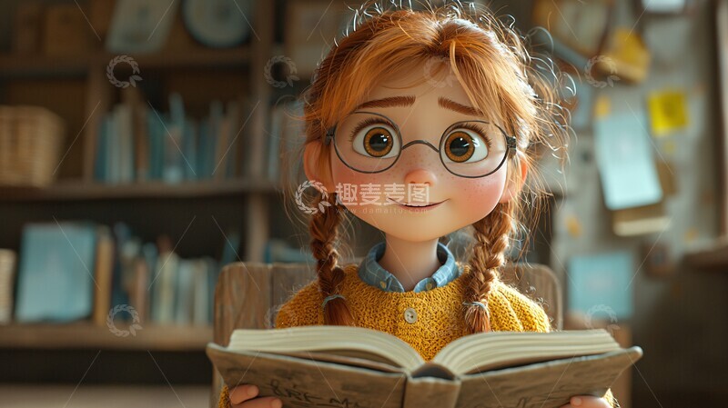 高清大图下载【趣麦麦图】小女孩课堂读书