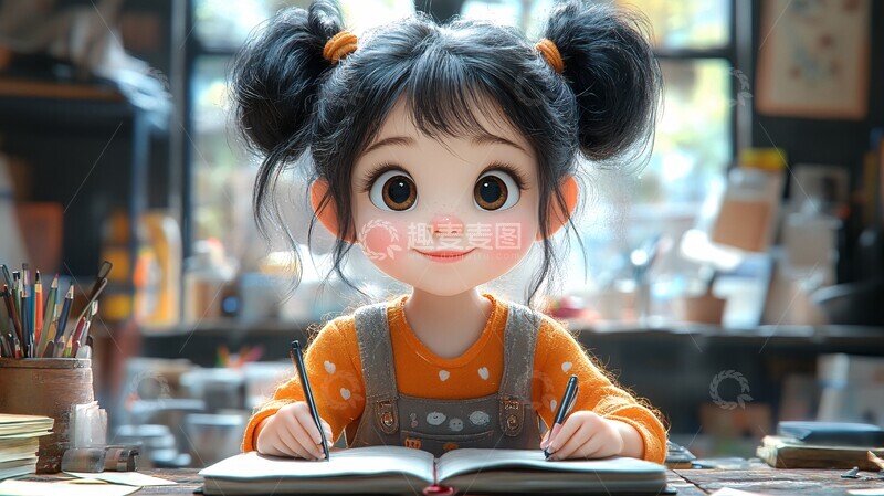 高清大图下载【趣麦麦图】双马尾女孩课堂学习1