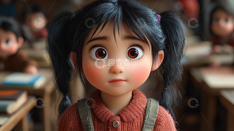 高清大图下载【趣麦麦图】双马尾女孩课堂学习