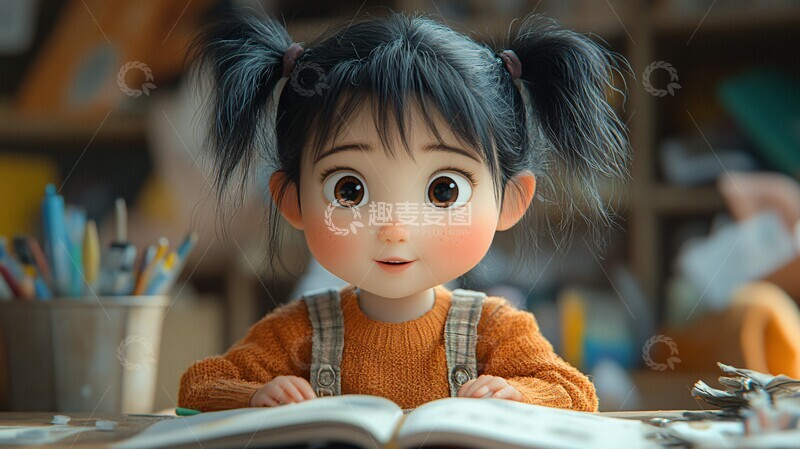 高清大图下载【趣麦麦图】双马尾女孩课堂学习3