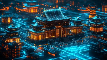 古建筑蓝光线条2