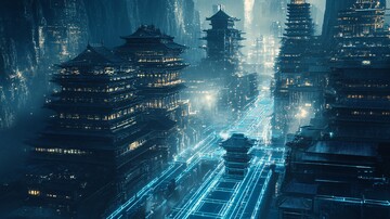 古建筑蓝光线条3