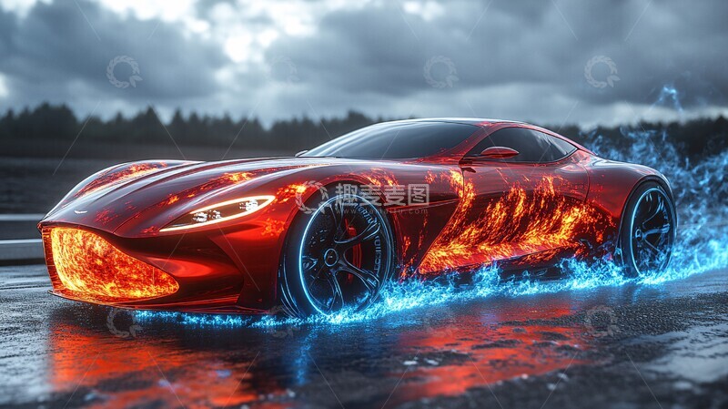 高清大图下载【趣麦麦图】红色跑车蓝色火焰1