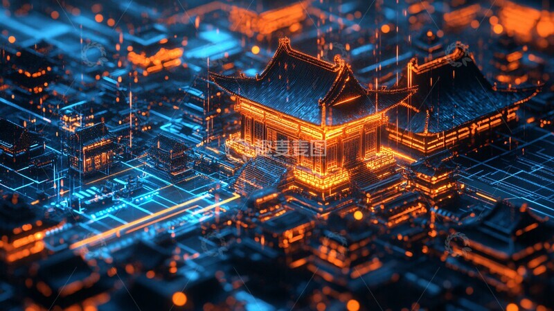 高清大图下载【趣麦麦图】古建筑蓝光线条