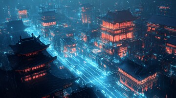 古建筑蓝光线条1