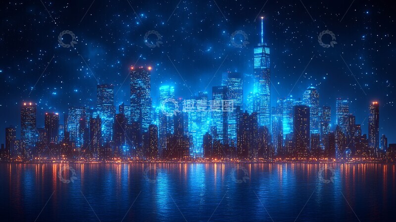 高清大图下载【趣麦麦图】蓝色数字插画城市1