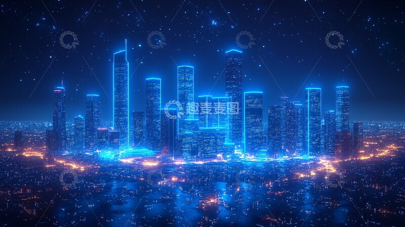 高清大图下载【趣麦麦图】蓝色数字插画城市3