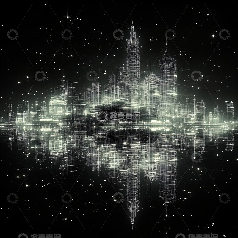 高清大图下载【趣麦麦图】城市夜景线框湖面2