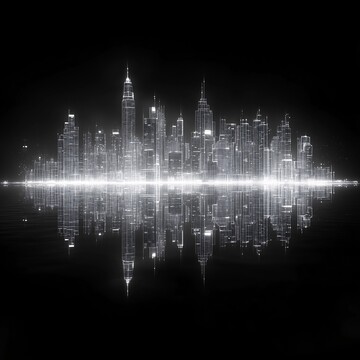 城市夜景线框湖面