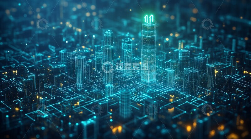 高清大图下载【趣麦麦图】数字城市蓝线交织2