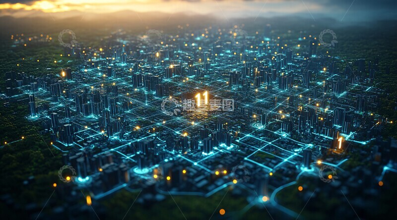 高清大图下载【趣麦麦图】数字城市蓝线交织