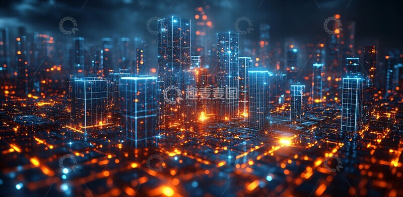 高清大图下载【趣麦麦图】蓝色立方城市投影1