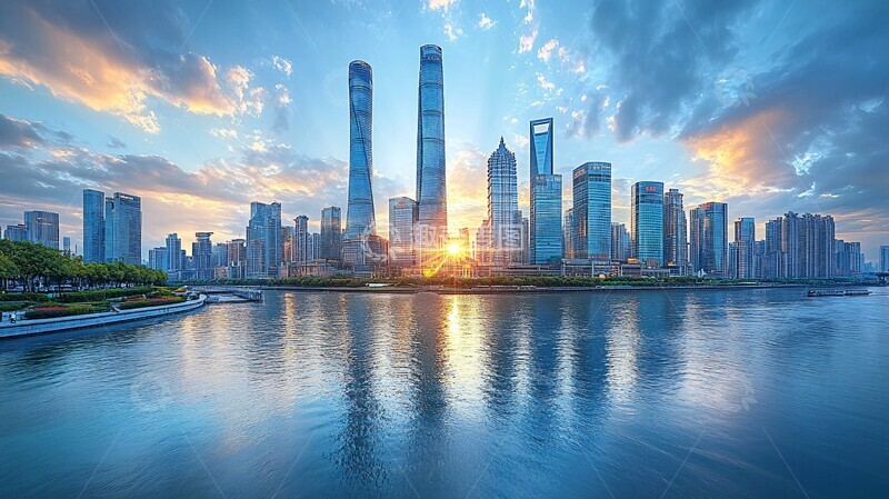 高清大图下载【趣麦麦图】蓝色光影线性建筑