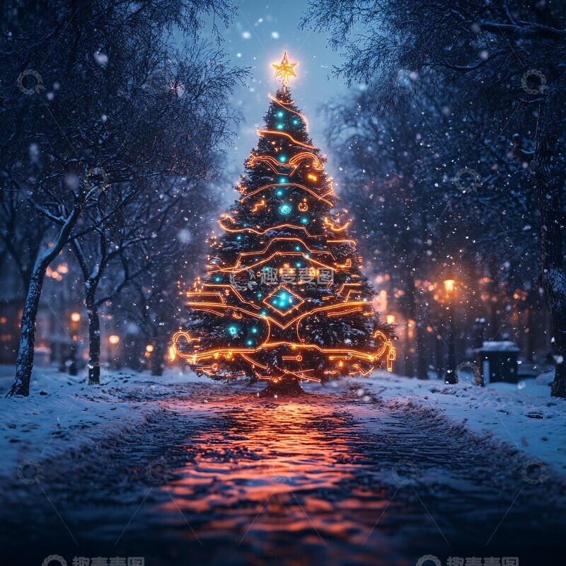 高清大图下载【趣麦麦图】科技圣诞树与雪景3