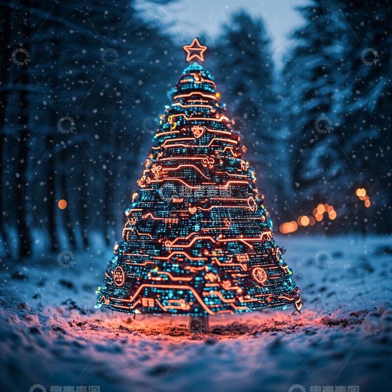 高清大图下载【趣麦麦图】科技圣诞树与雪景2