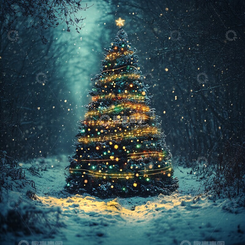 高清大图下载【趣麦麦图】科技圣诞树与雪景1