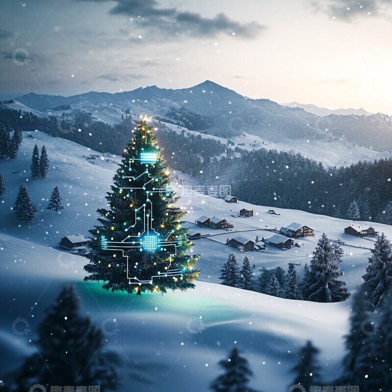 高清大图下载【趣麦麦图】雪景中的网络安全圣诞树2